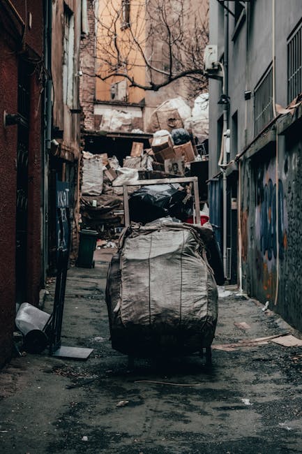A large collection of mixed waste including cardboard boxes, paper bags, plastic packaging, and black garbage bags is piled around a grey communal recycling bin with a blue label indicating it is for